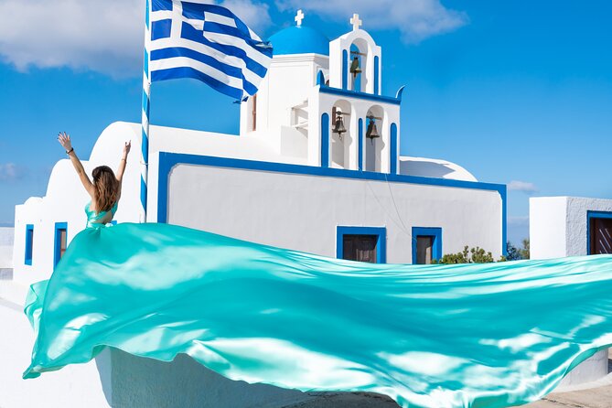 1-Hour Flying Dress Photoshoot, Instagram spots - Stop 2: Firostefani Blue Domes for Instagram-Ready Shots