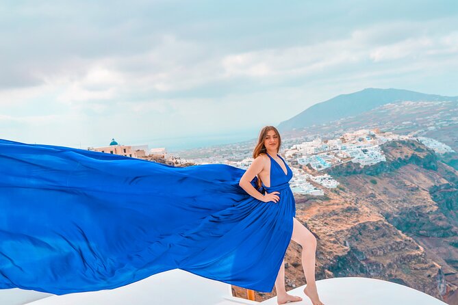 Flying Dress Photoshoot Experience in Santorini with pick up - Private Dressing That Respects Your Comfort