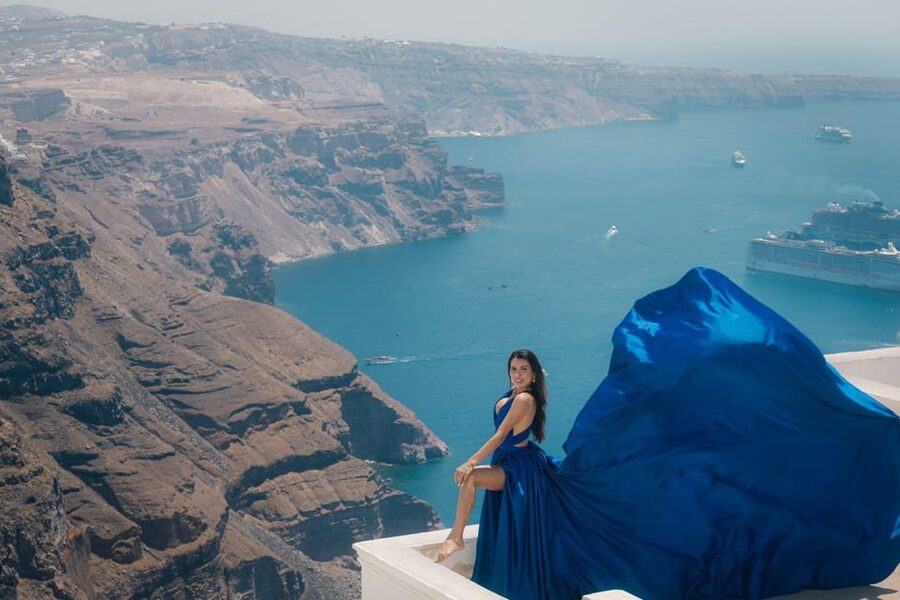 Flying dress Photoshoot in Santorini with Hotel Pickup - Imerovigli scenes: caldera views, blue domes, and whitewashed walls