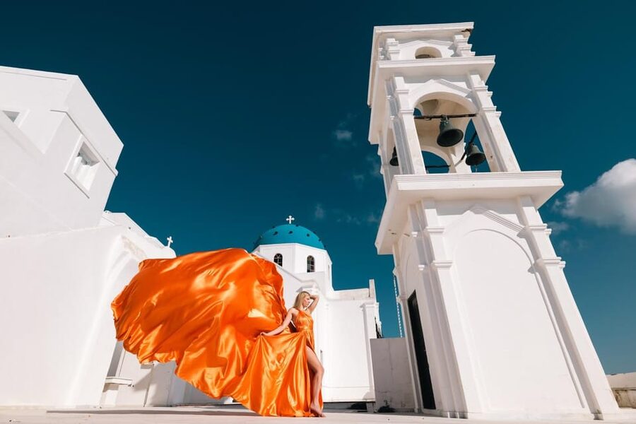 Flying dress Photoshoot in Santorini with Hotel Pickup - Photos, raw files, edits, and same-day delivery for socials