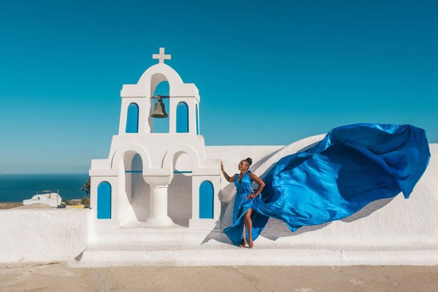 Flying Dress Santorini Photoshoot - Caldera views, churches, and the practical art of avoiding the crowd line