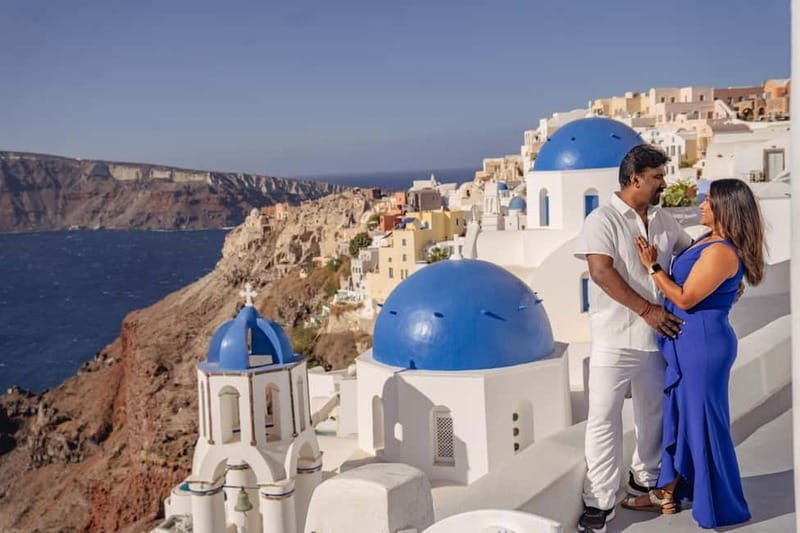 Oia: Couple Photoshoot Seprate Entrance to Blue Dome - Oia vs Imerovigli vs Fira vs your hotel: picking your backdrop