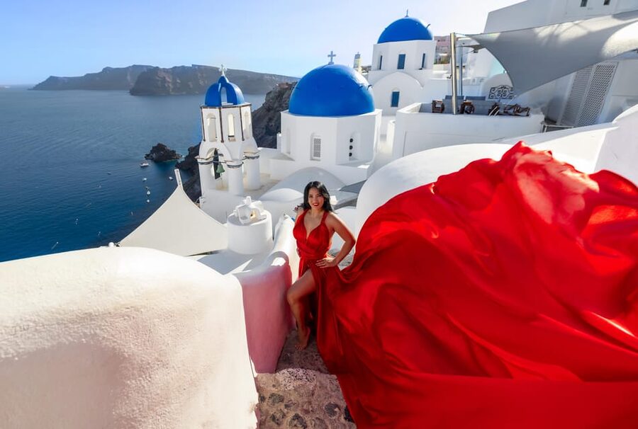 Santorini 1-Hour Private Flying Dress Photoshoot Blue Domes - Photos, Editing, and Download Timing You Can Plan Around