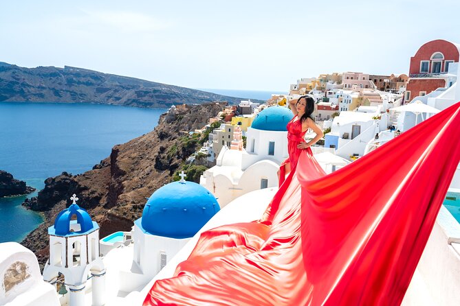Santorini 2h Private Flying Dress Photoshoot with Transportation - What You’ll Actually Get in Those 2 Hours