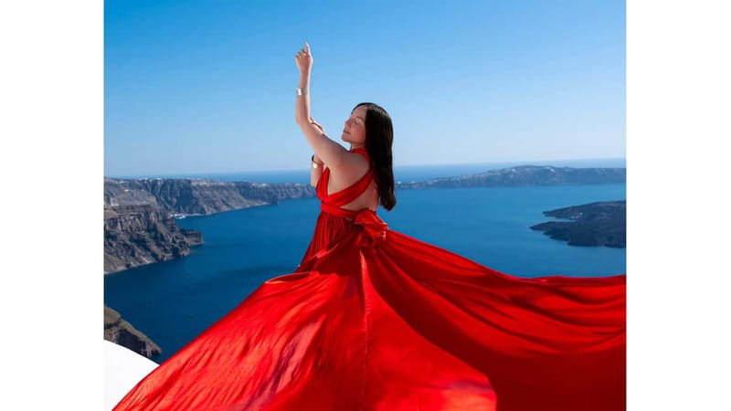 Santorini: Flying Dress Photoshoot with Edited Photos - Your 45 Minutes: Posing, Walking, and the Caldera or Blue Dome Shots
