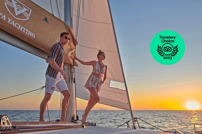 Santorini Gold Catamaran Cruise with BBQ, Drinks and Hotel Pickup - Hotel pickup that saves your morning (or sunset plans)