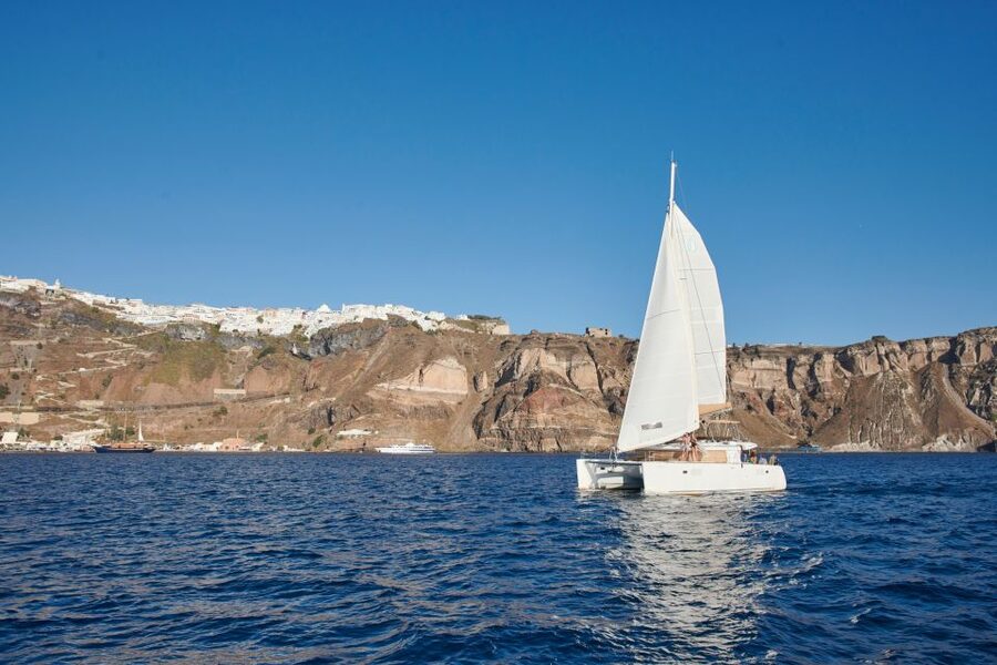 Santorini Gold Catamaran Cruise with Snorkel, BBQ & Open Bar - Stop 3: Volcano Hot Springs and the Sulfur Reality Check