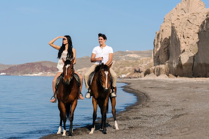 Santorini: Horse Riding to the Black Sandy Beach (Eros beach) - The panoramic hill view and the seaside cliff photos