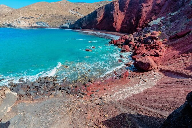 Santorini: Must-See & Winery Visit Private Tour - Perivolos Beach: black sand downtime with easy eats nearby