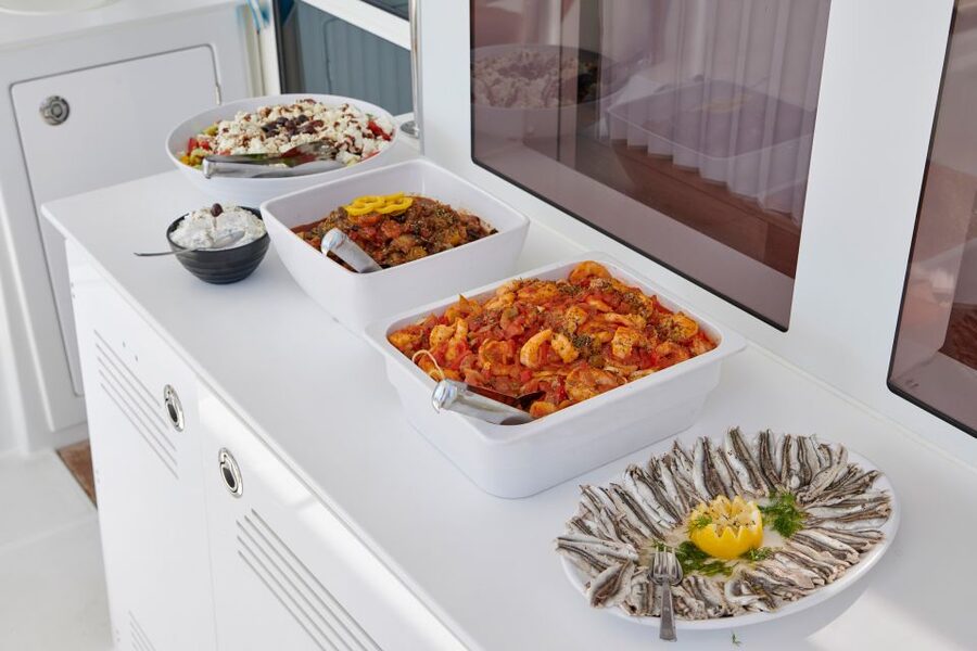 Santorini: Platinum Catamaran Cruise w/ BBQ Meal & Open Bar - A Platinum catamaran day that feels calm, not crowded