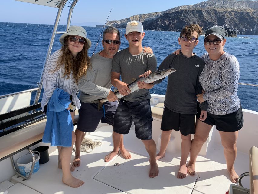 Santorini Private Cruise boat fishing tour - BBQ, Snorkeling - Santorini stories while you sail: history, culture, and real sea time