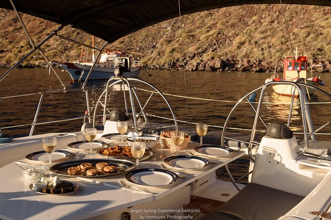 Santorini Private Daytime Sailing Cruise with Meal, Drinks &Transfer included - The Return Route: “Crocodile” of Thirasia, Aspronisi, and Back to Vlychada