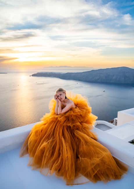 Santorini: Proffessional Flying Dress Photoshoot - The Imerovígli walk: Blue Domes views, white rooftops, and sea horizons