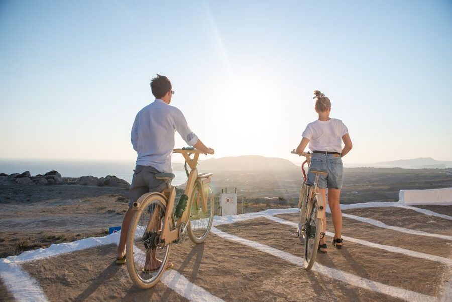 Santorini's Handcrafted Wooden E-Bike Rental - Perivolos Black Sand Beach: your first real payoff