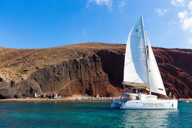 Santorini: Sailing Catamaran Cruise with BBQ and Drinks - Red Beach and White Beach: The First Big Views and Your First Swim Break