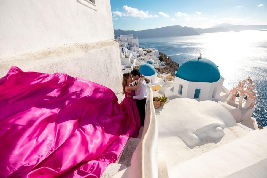 Santorini: Unique Flying Dress Photoshoot Experience - Oia’s Blue Domes, Framed for Real Photos